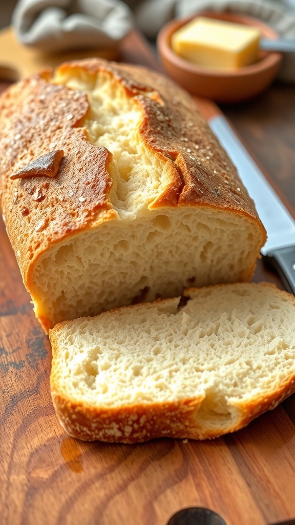 Easy No-Yeast Homemade Bread Recipe A loaf of no-yeast bread sliced on a wooden board with butter on the side.